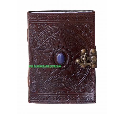 Handmade Pentagram Leather Journal With Single Stone Sketchbook & Notebook